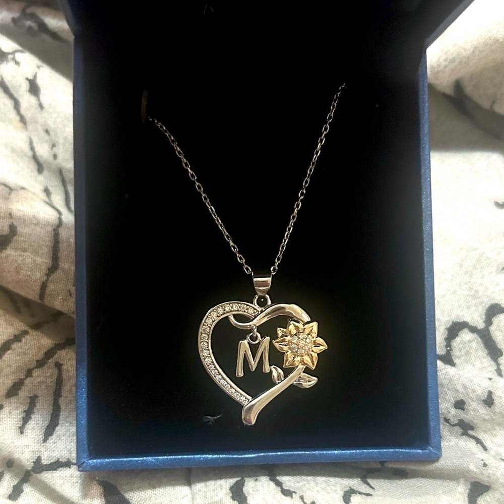 Silver Heart Pendant Necklace Gold Flower Accent and M initial - Picture 1 of 4